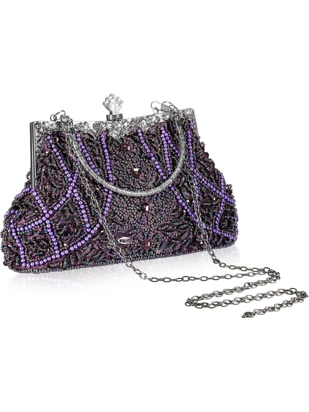 Womens Purple Beaded Rhinestone 1920s Flapper Kiss Lock Frame Evening Bag Clutch